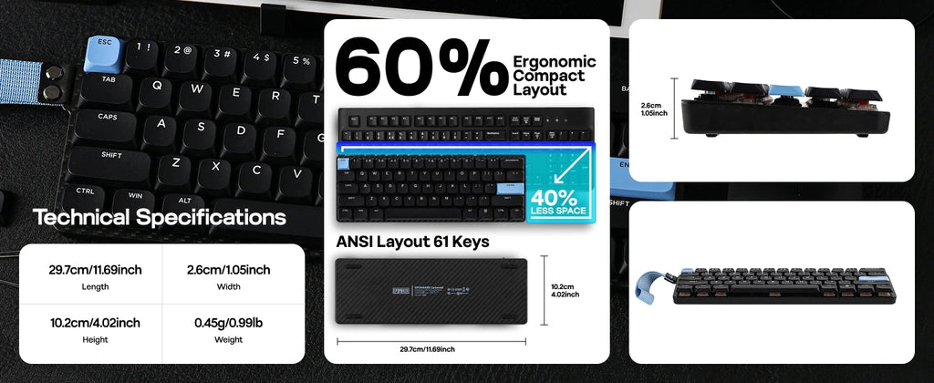 EPOMAKER Carbon60 60% ANSI US Layout Tri-mode Wireless Mechanical Keyboard with QMK/VIA Programmable & RGB Backlights
