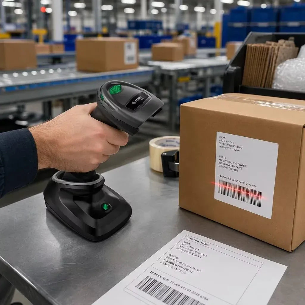 Handheld barcode scanner in use on warehouse workbench near labeled shipping boxes