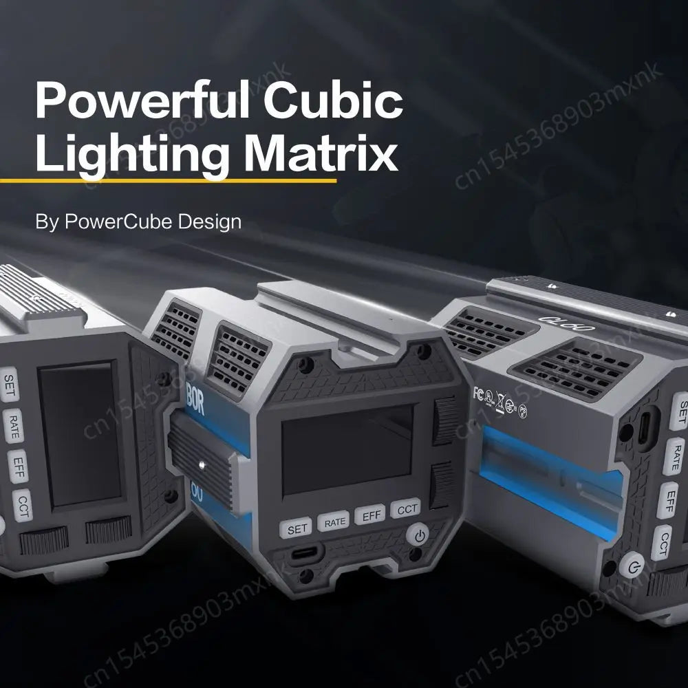 Three gray and blue cube-shaped LED photography lights with control buttons and display screens for studio lighting.