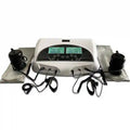 Dual ionic foot bath detox machine with two black ion arrays, wrist straps, and digital control unit for home spa use.