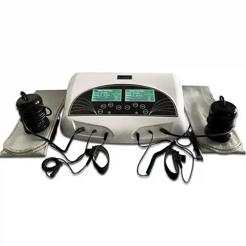 Dual ionic foot bath detox machine with two black ion arrays, wrist straps, and digital control unit for home spa use.