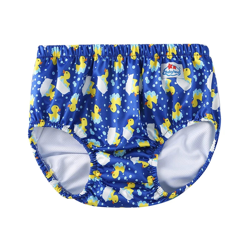 Babyland reusable baby swim diaper in blue with yellow rubber duck pattern for infant care.
