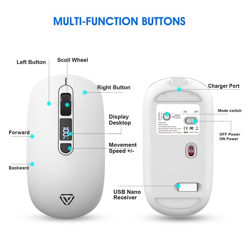 Wireless Mouse Bluetooth 2.4G With Smart Display Silent Portable Silent Click Mouse Rechargeable Office Computers Laptops 2026