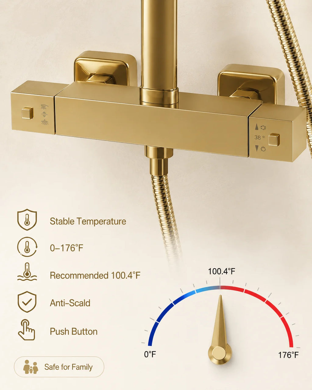 Thermostatic Shower System with Rain Shower Head, Gold Brass Shower Column Set, 304 Stainless Steel 180° Rotating Overhead Shower, 2-Button Temperature Control 0-176°F, Height Adjustable, Anti-Tangle Hose, for Hotel Home KT