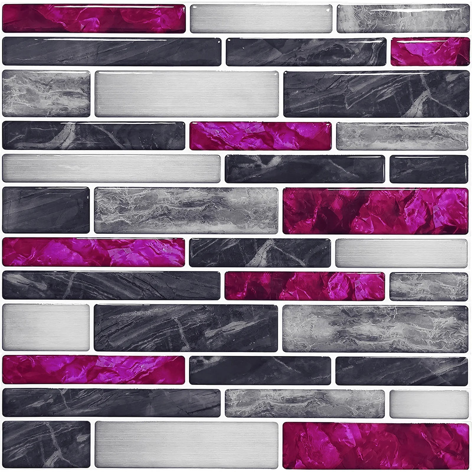 3D mosaic tile sticker set with gray, black, and magenta brick strip pattern