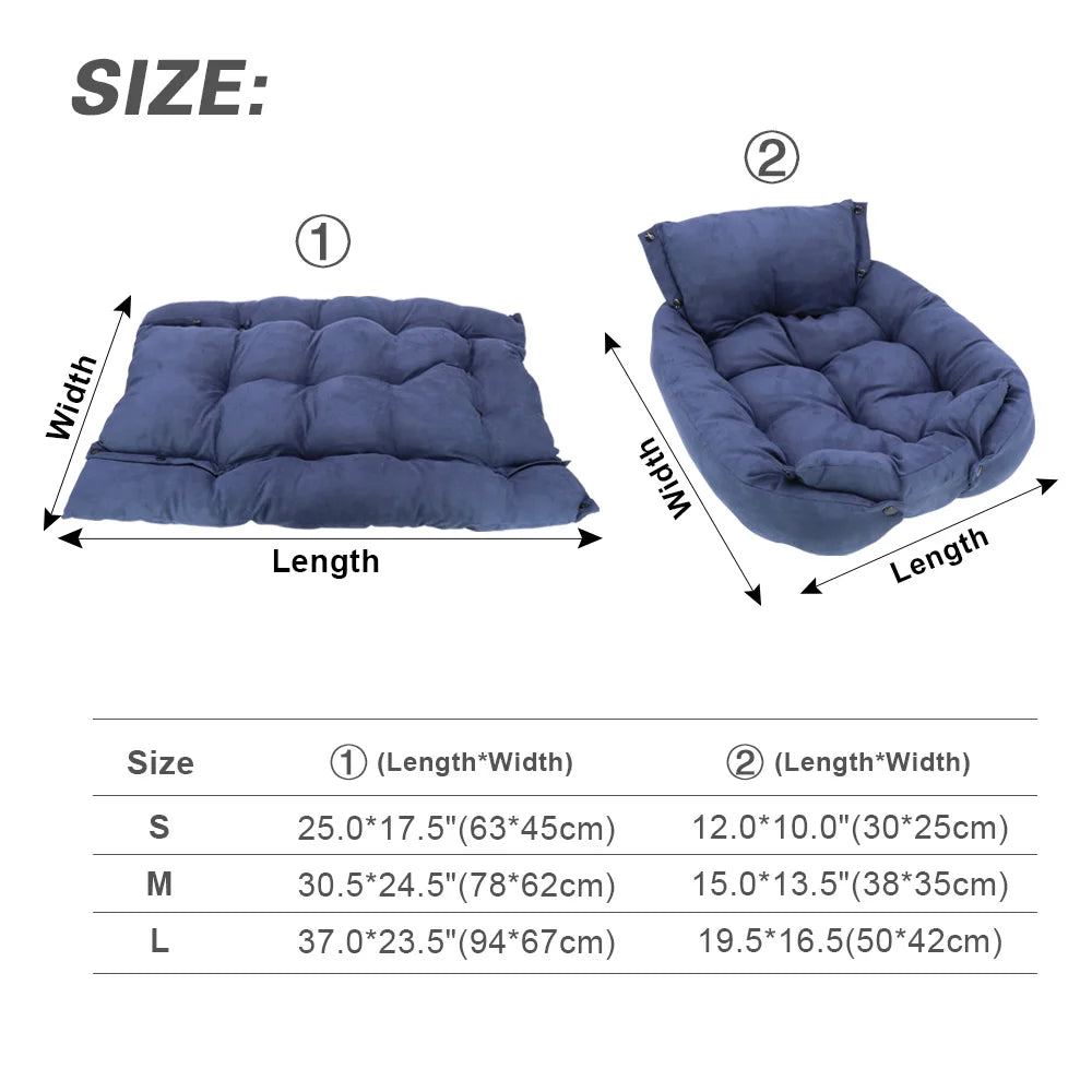 Blue convertible warm pet sofa bed for dogs and cats, size chart for small to large breeds, cozy cushioned floor mat.