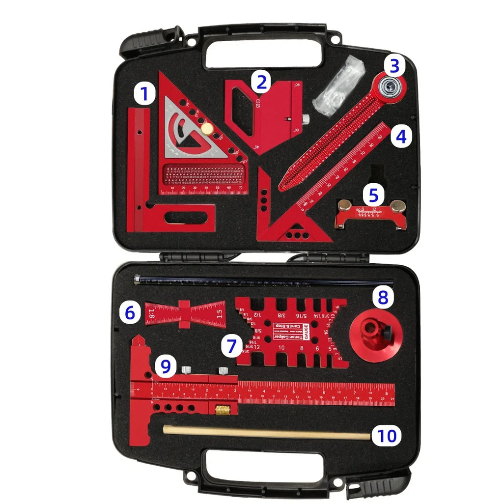 10pcs Woodworking Square Kit with Box, Aluminum Scribeing Ruler,Center Finder,Circular Drawing Compass,Honing Guide,Height Gauge