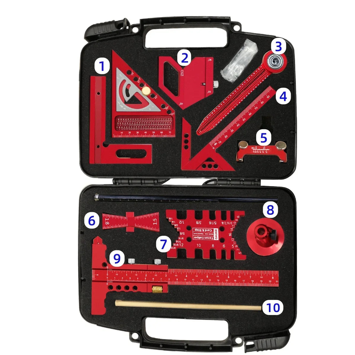 10pcs Woodworking Square Kit with Box, Aluminum Scribeing Ruler,Center Finder,Circular Drawing Compass,Honing Guide,Height Gauge