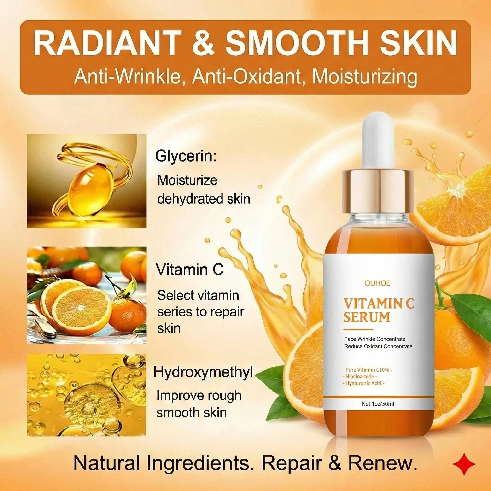 Wrinkle remover with vitamin c,fading firming facial serum,fine lines,anti-aging essence,whitening, lightens,nourishes skin care