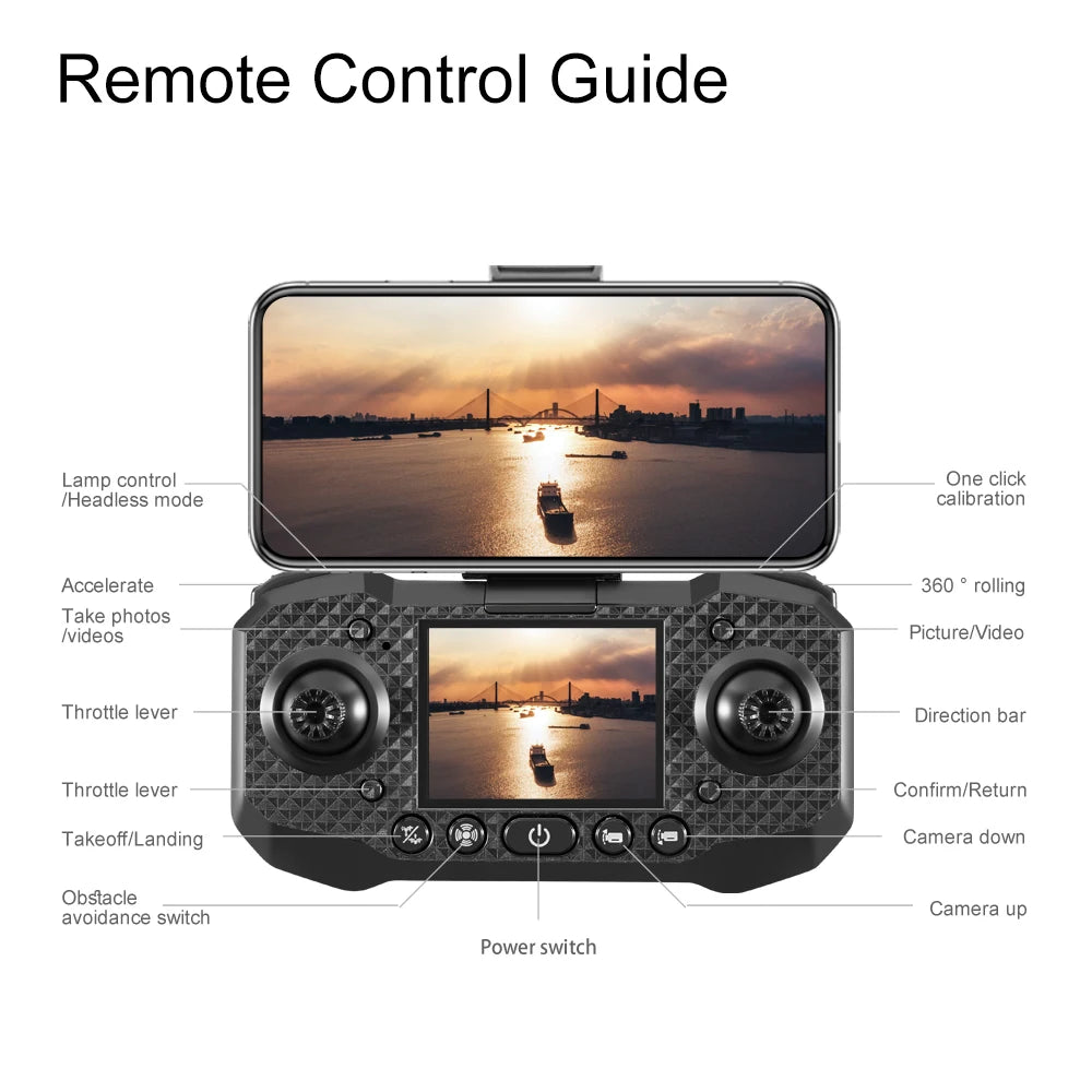 Black drone remote control with integrated phone mount and built-in screen, featuring labeled buttons for flight flight.
