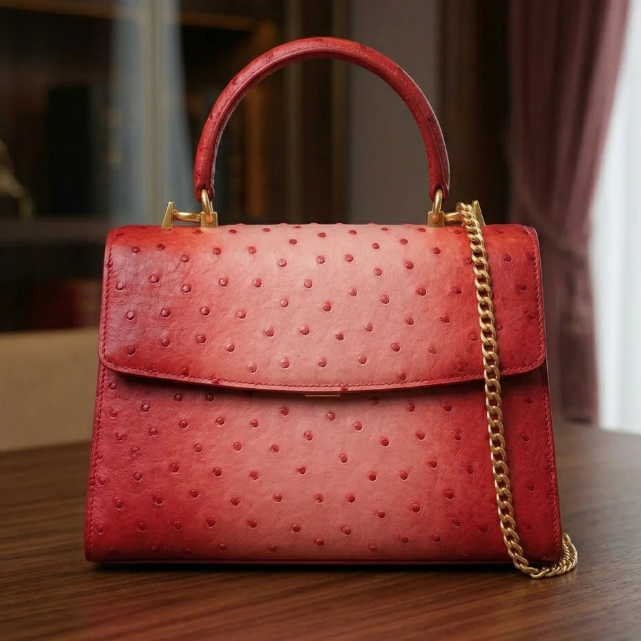 Red genuine ostrich leather handbag with top handle and gold chain strap. Vintage designer style luxury shoulder bag.