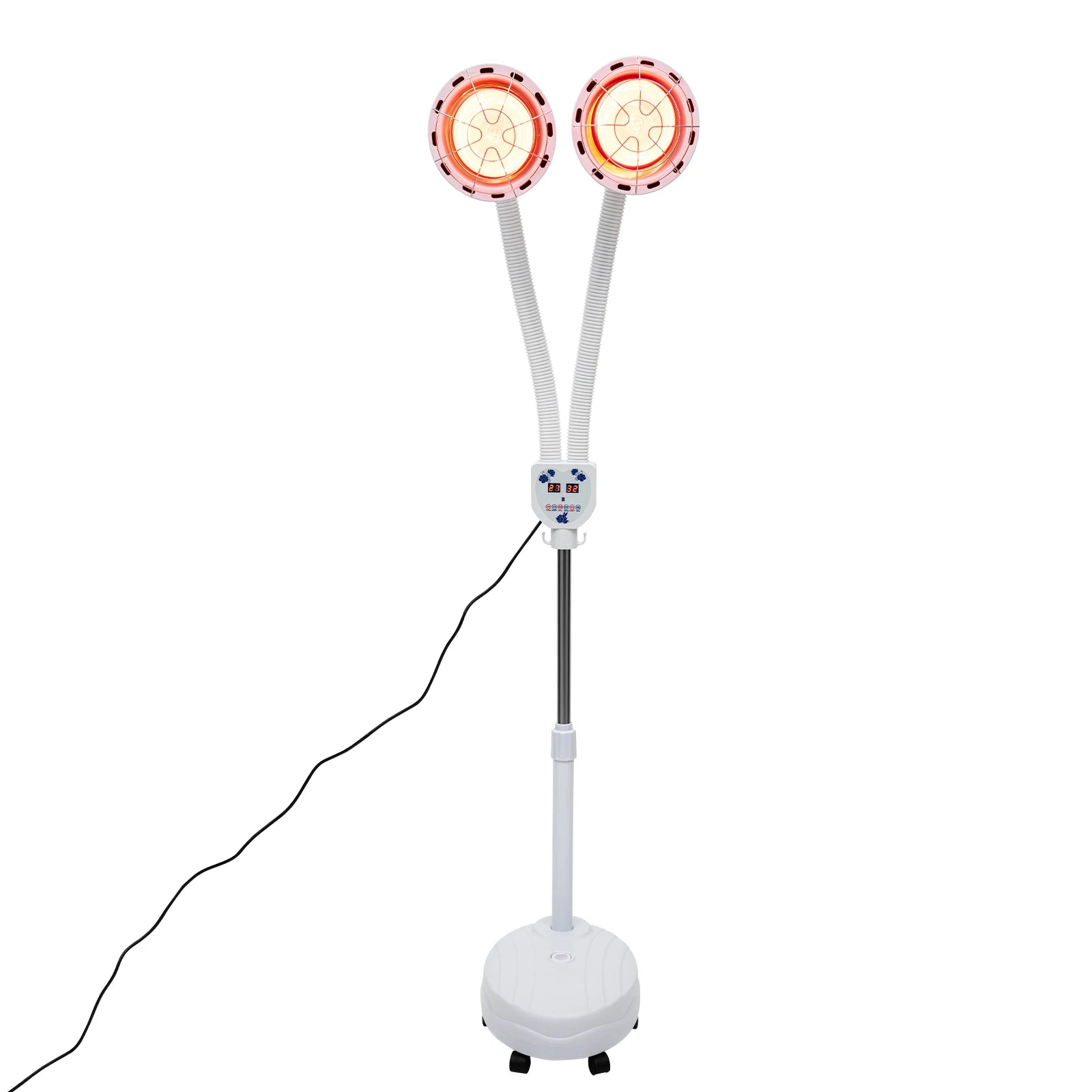275W double-head infrared heat lamp for pain relief with adjustable temperature, flexible arms, and white floor stand.
