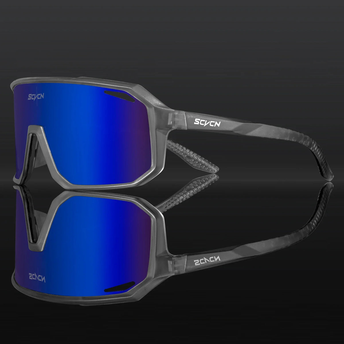 MTB UV400 cycling sunglasses with transparent gray frame and blue mirrored lenses