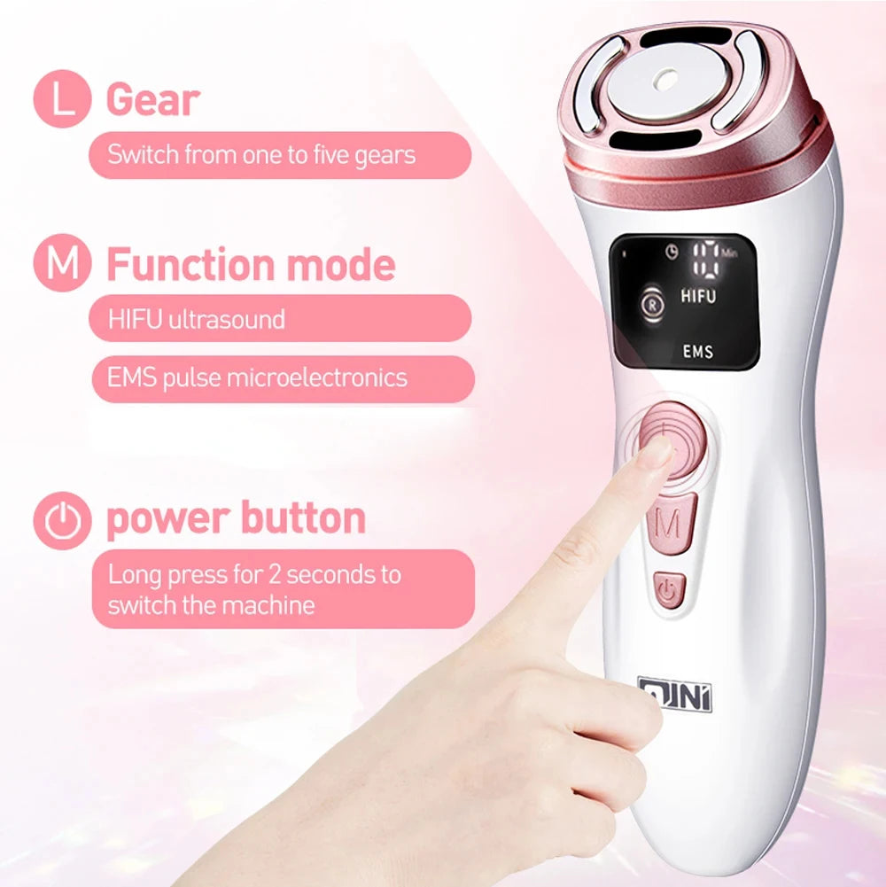 White and rose gold handheld HIFU and EMS facial beauty device with digital display, buttons, and instructional text.