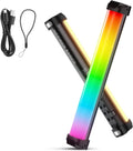 Two handheld LED light sticks with rainbow gradient lighting, charging cable, and wrist strap for photography.