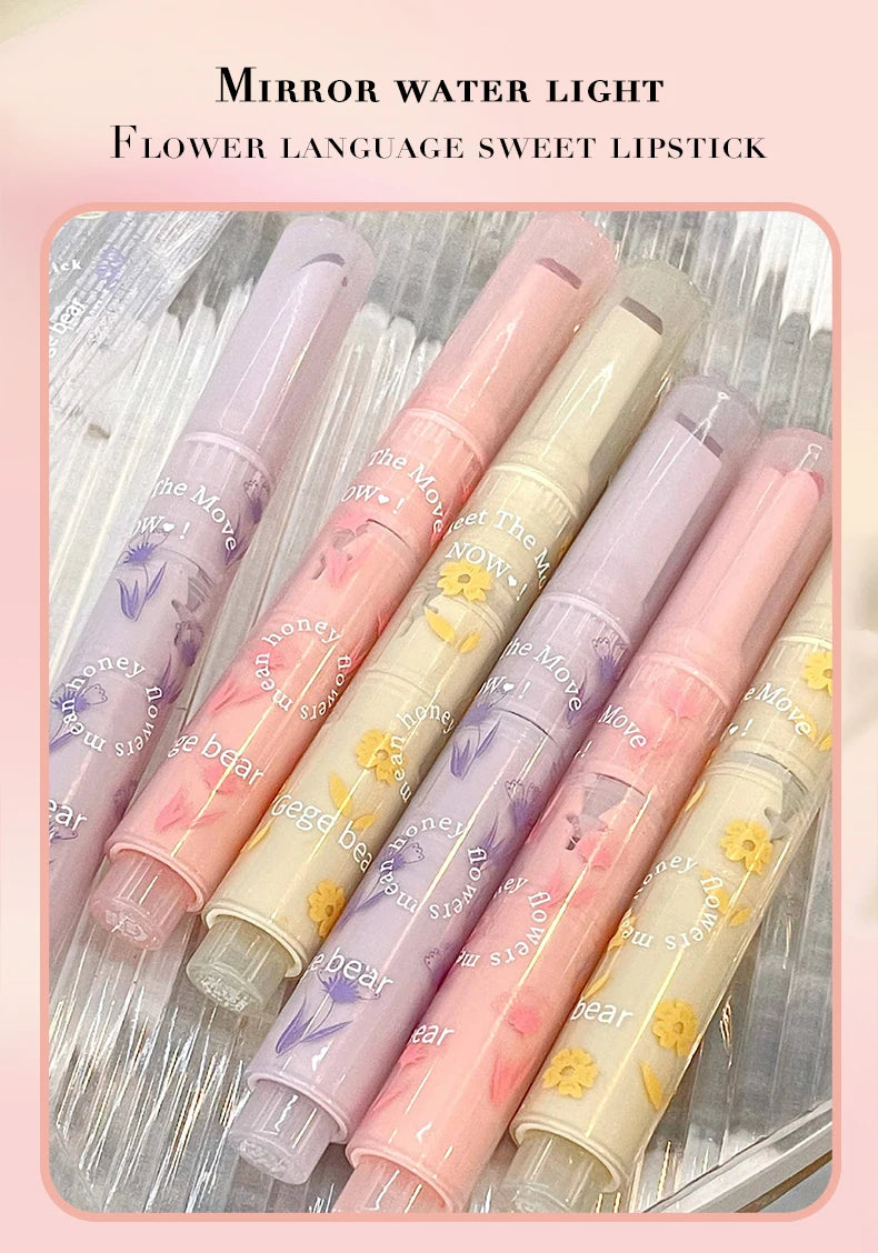 Gege Bear Floral Whisper glossy lipsticks in pastel tubes with flower designs and a moisturizing mirror shine finish.