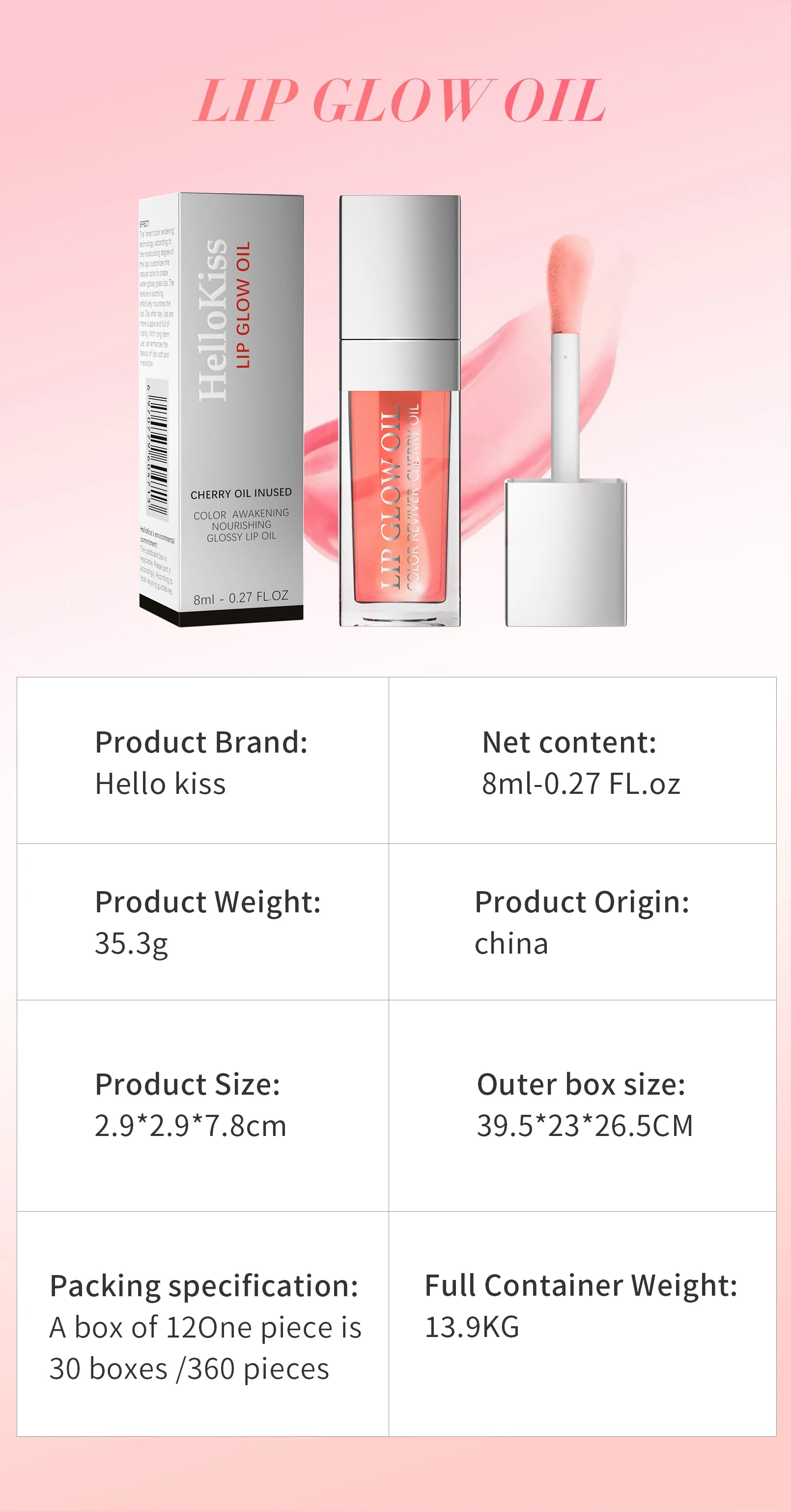 HelloKiss crystal jelly moisturizing lip oil with plumping gloss texture in a sheer pink cherry-infused tint.