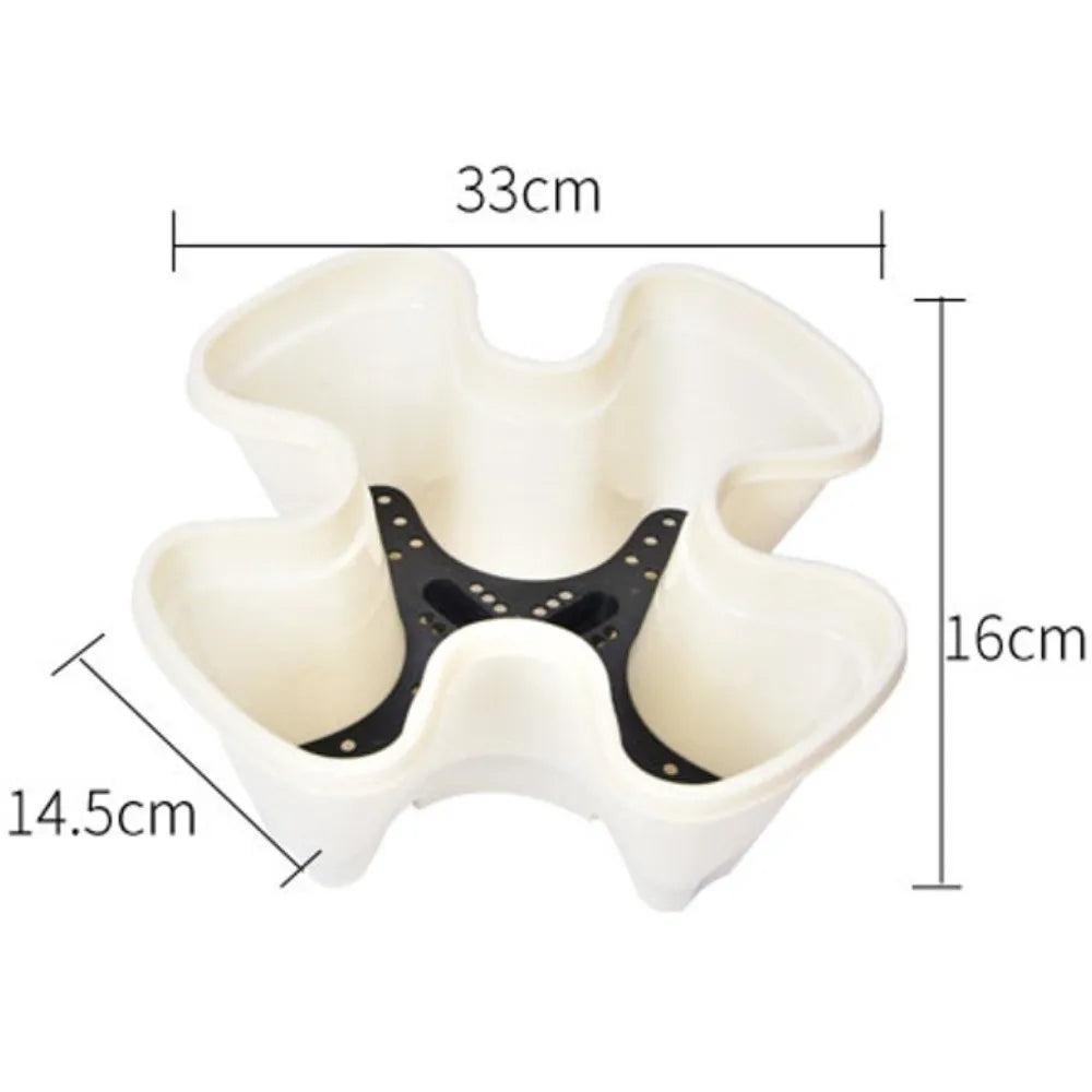 Beige 4-petal plastic planter with central black drainage insert, size labeled