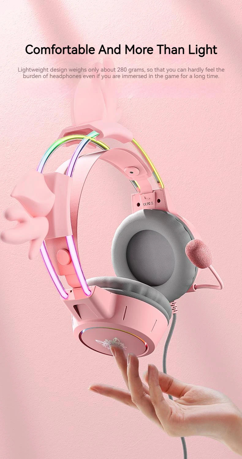 Pink Gaming Headphones with Cat Ears, RGB Mic, and Low Latency Audio Tidesmit
