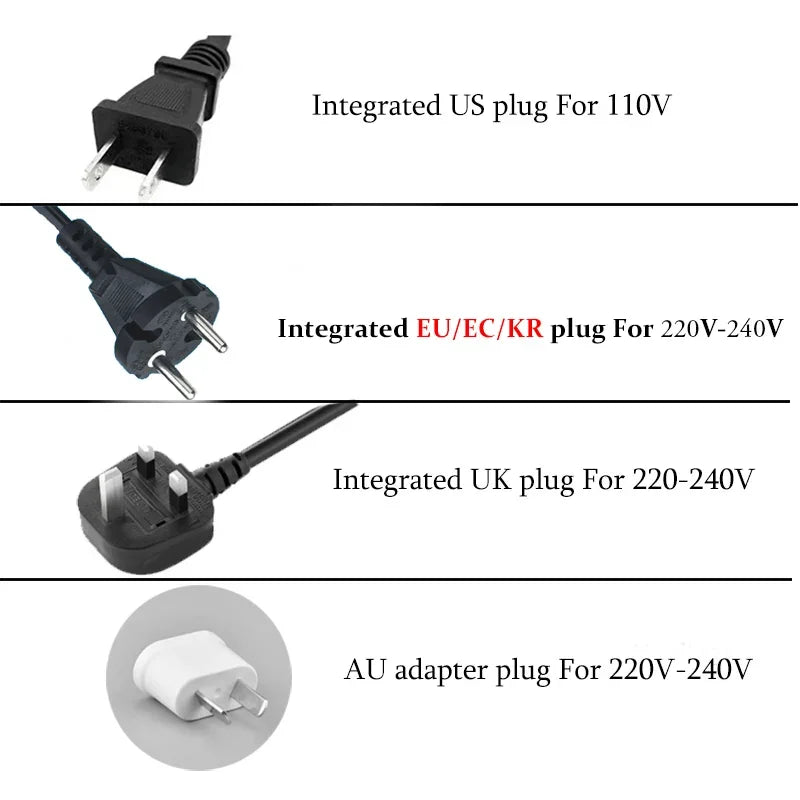 Professional negative ion hair dryer power cord options: US, EU, UK plugs, and AU adapter for global voltage styling.