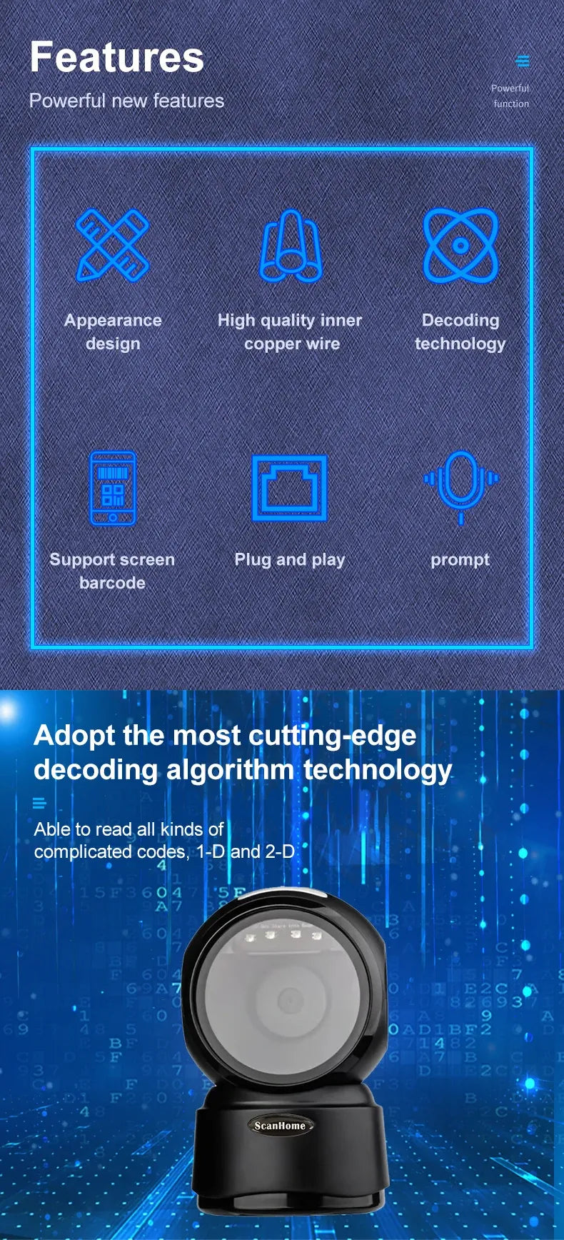 ScanHome 2D barcode scanner with circular scan window, close product view