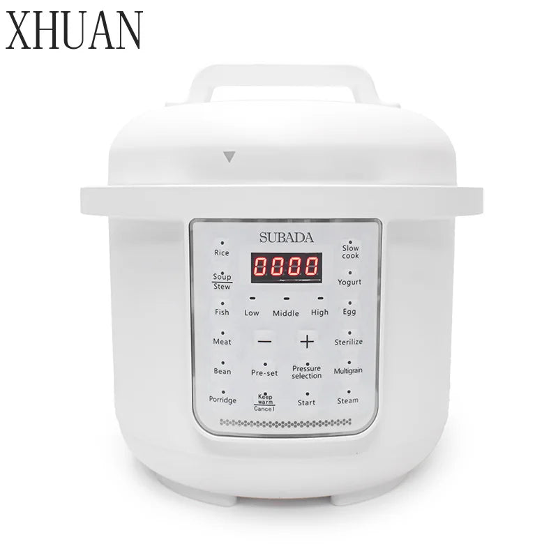 6L white electric pressure cooker with digital control panel and steam/slow cook labels