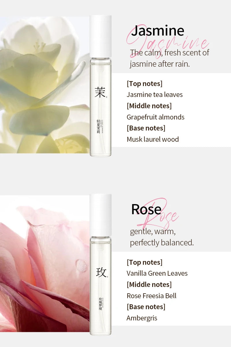 HOPE CHRISTINE 5ml perfume set featuring clear glass spray vials with Jasmine and Rose floral scent notes and imagery.
