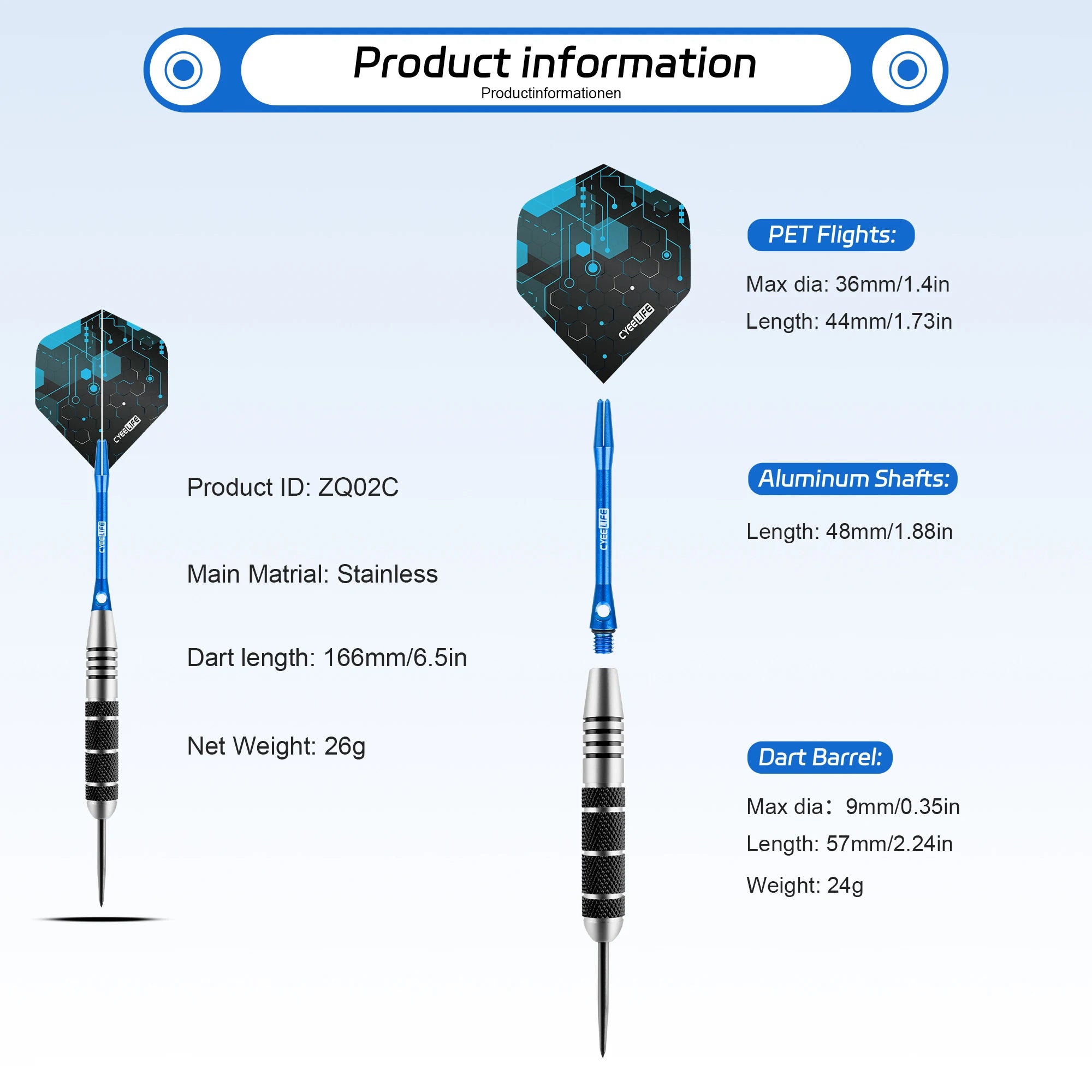 CyeeLife 26g steel tip dart set with blue aluminum shafts, durable PET flights, and stainless steel barrels.