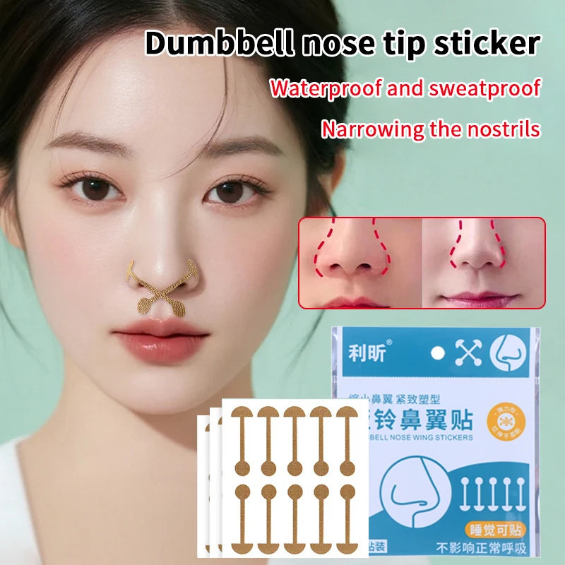 Invisible dumbbell-shaped nose wing stickers for narrowing nostrils, waterproof lifting patches for facial contouring.