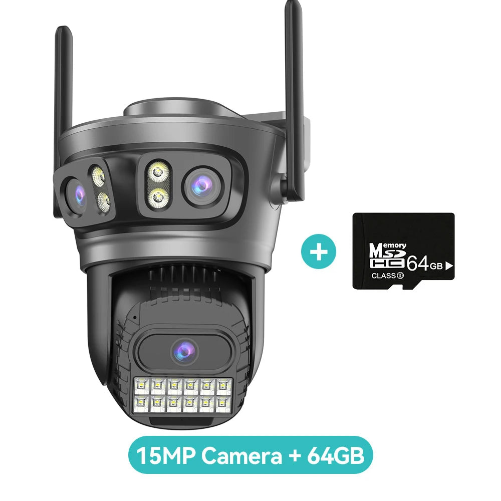 Outdoor PTZ camera with two antennas, three lenses, 15MP and 64GB microSD card