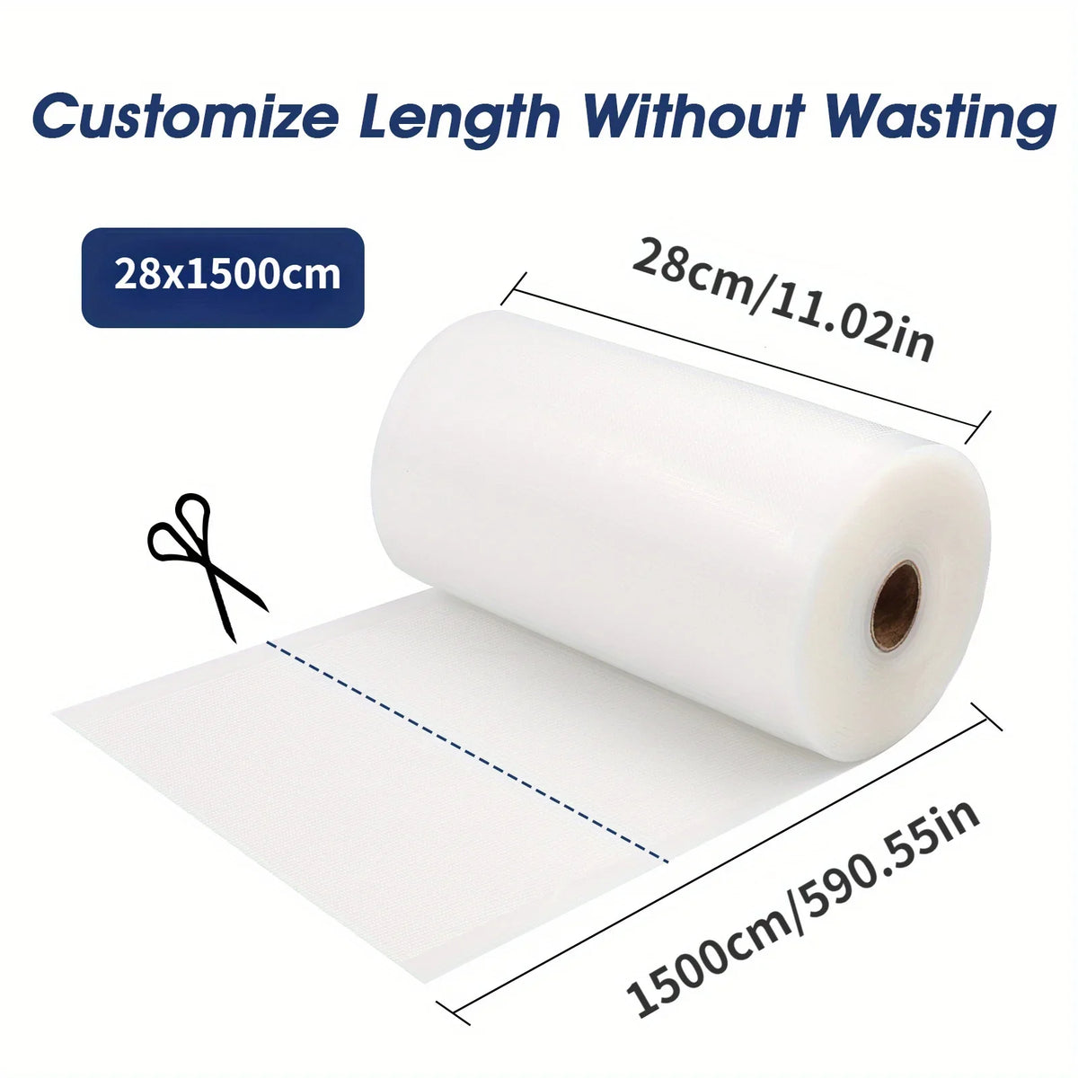 Vacuum sealer bag roll, 28 cm wide x 1500 cm long, white plastic film