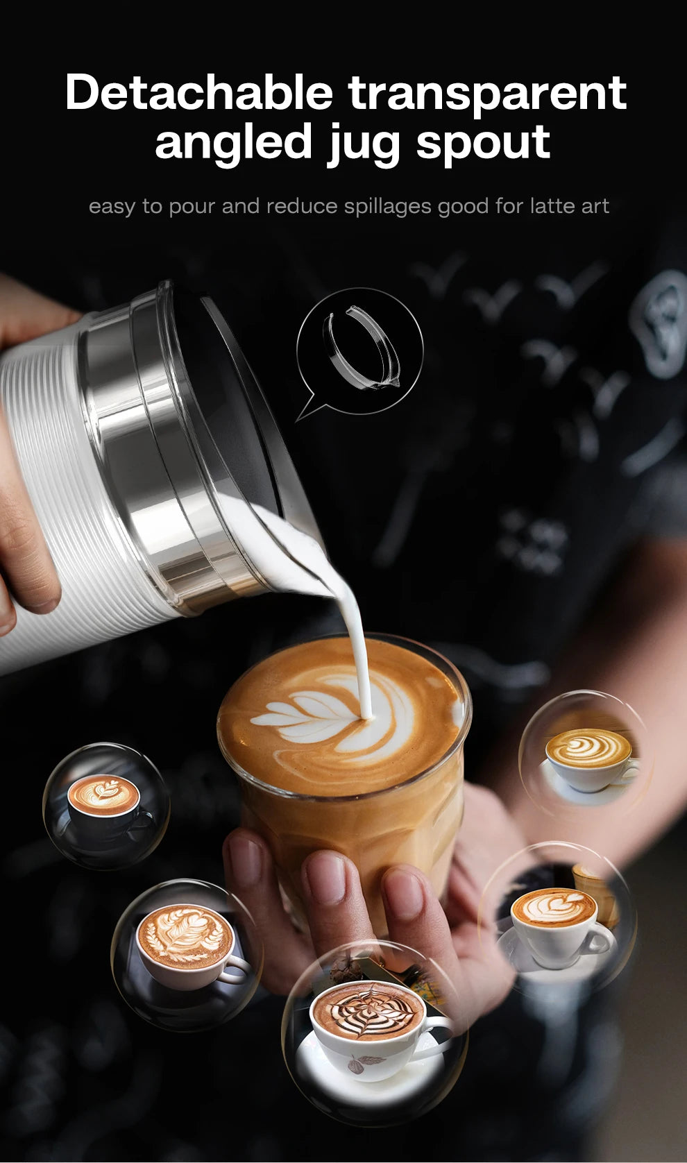 White milk frother with detachable transparent angled jug for precision latte art pouring into coffee glass.