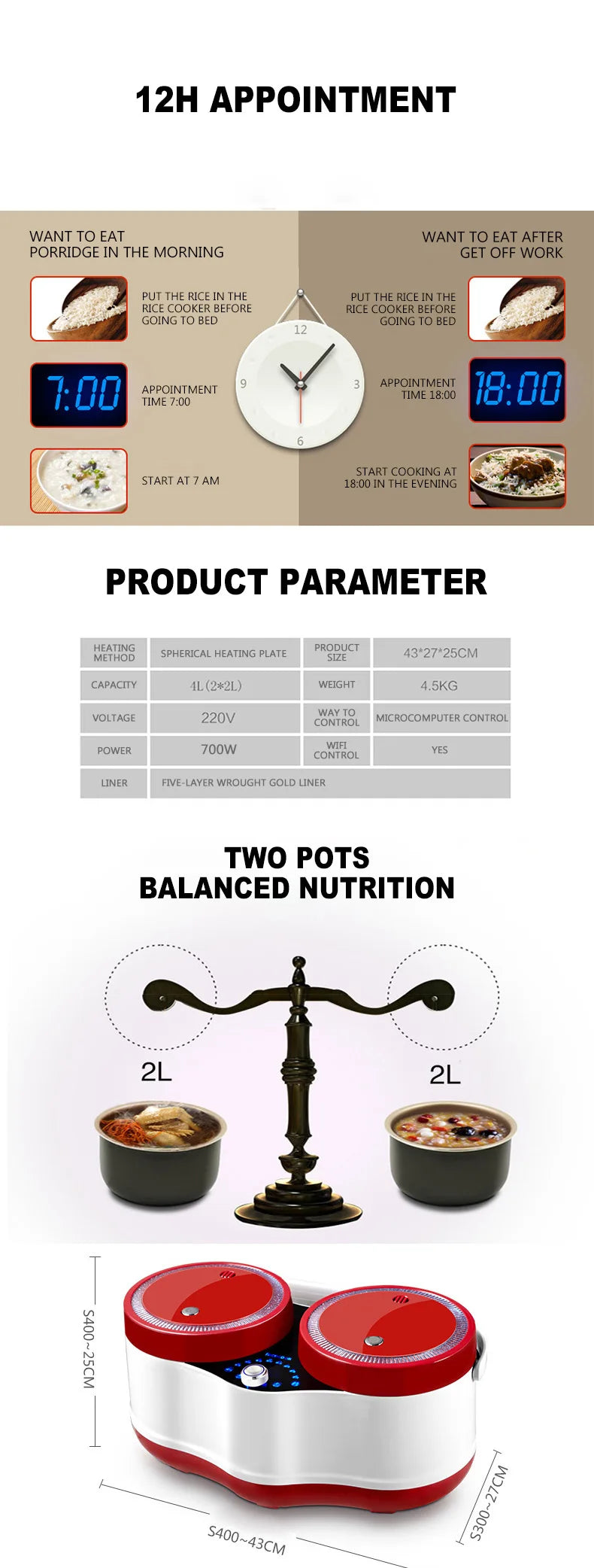 Electric double-pot rice cooker infographic showing two pots, 2L capacity and 12-hour timer