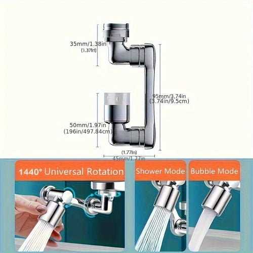 Faucet nozzle extender diagram with adjustable joint and inlet/outlet size markings