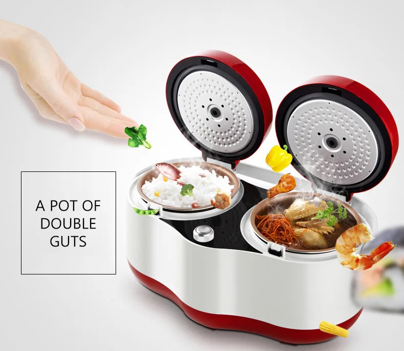 Red and white electric double-tube rice cooker with lids open showing food portions