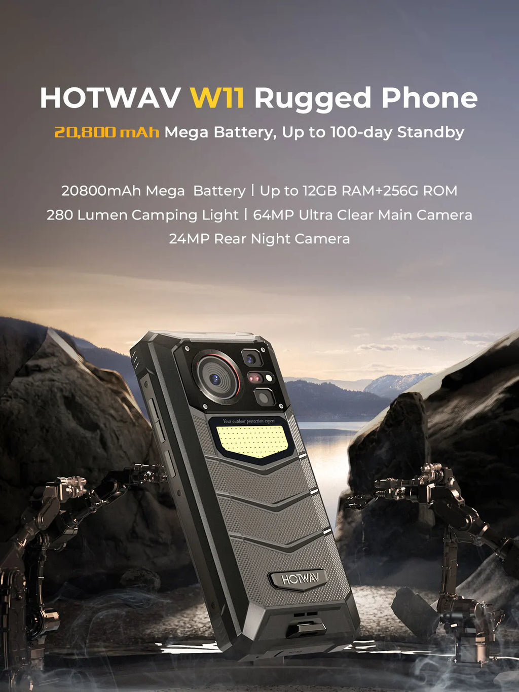 HOTWAV W11 Rugged Phone 20800mAh Battery 6.6 Inch FHD+ 12GB+256GB 33W Fast Charging 280LM Flashlight NFC Smartphone Android 13