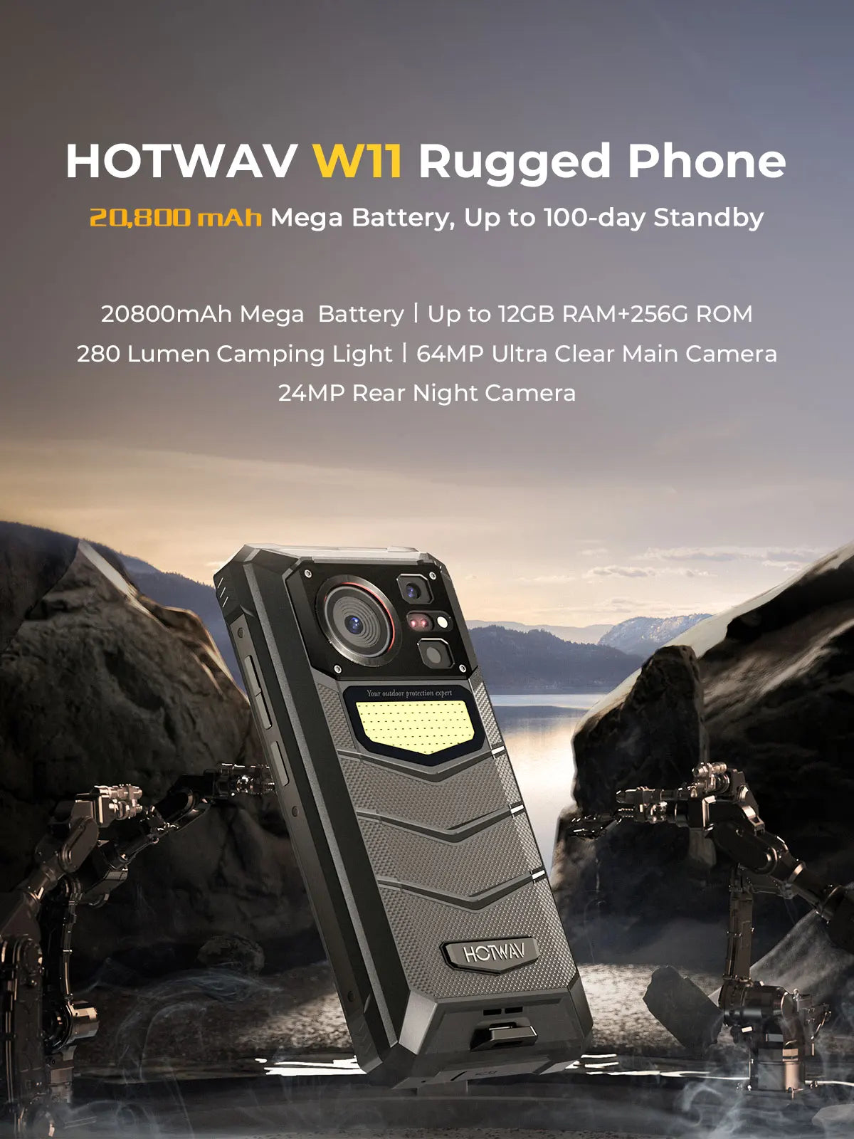 HOTWAV W11 Rugged Phone 20800mAh Battery 6.6 Inch FHD+ 12GB+256GB 33W Fast Charging 280LM Flashlight NFC Smartphone Android 13