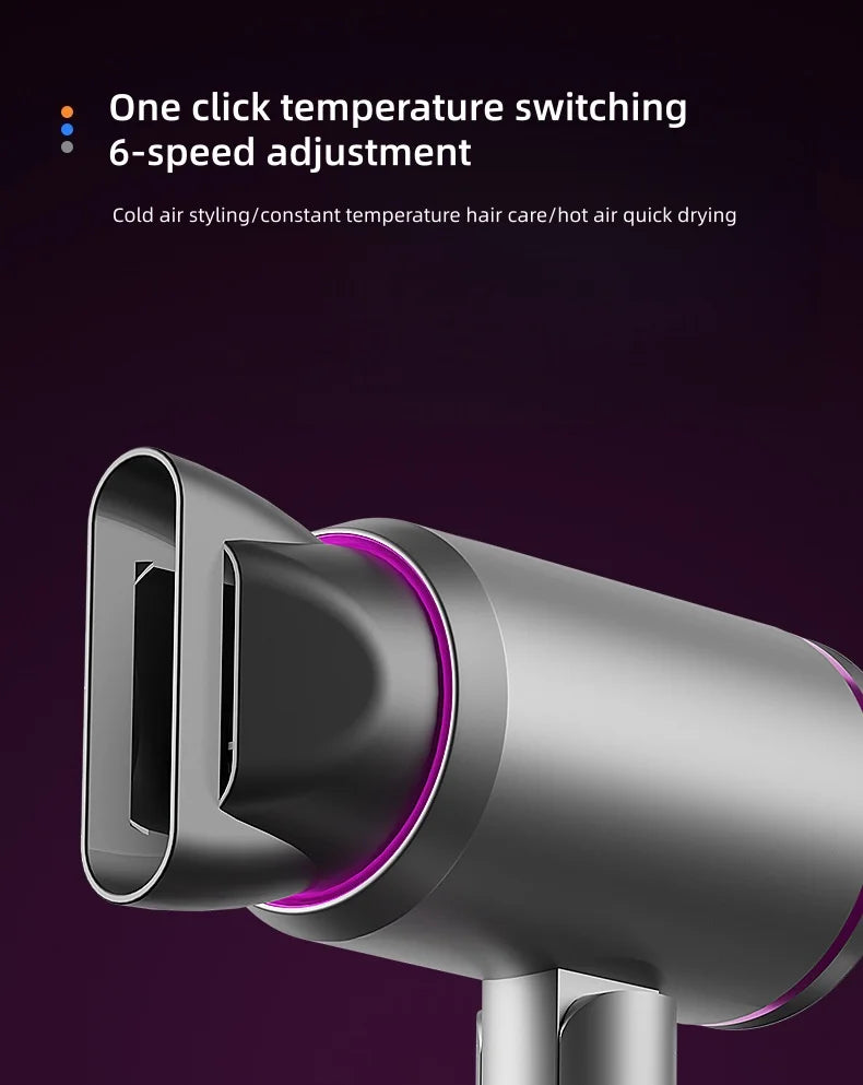 Foldable 2400W silver hair dryer with styling nozzle, 6-speed adjustment, and LED temperature control for fast drying.