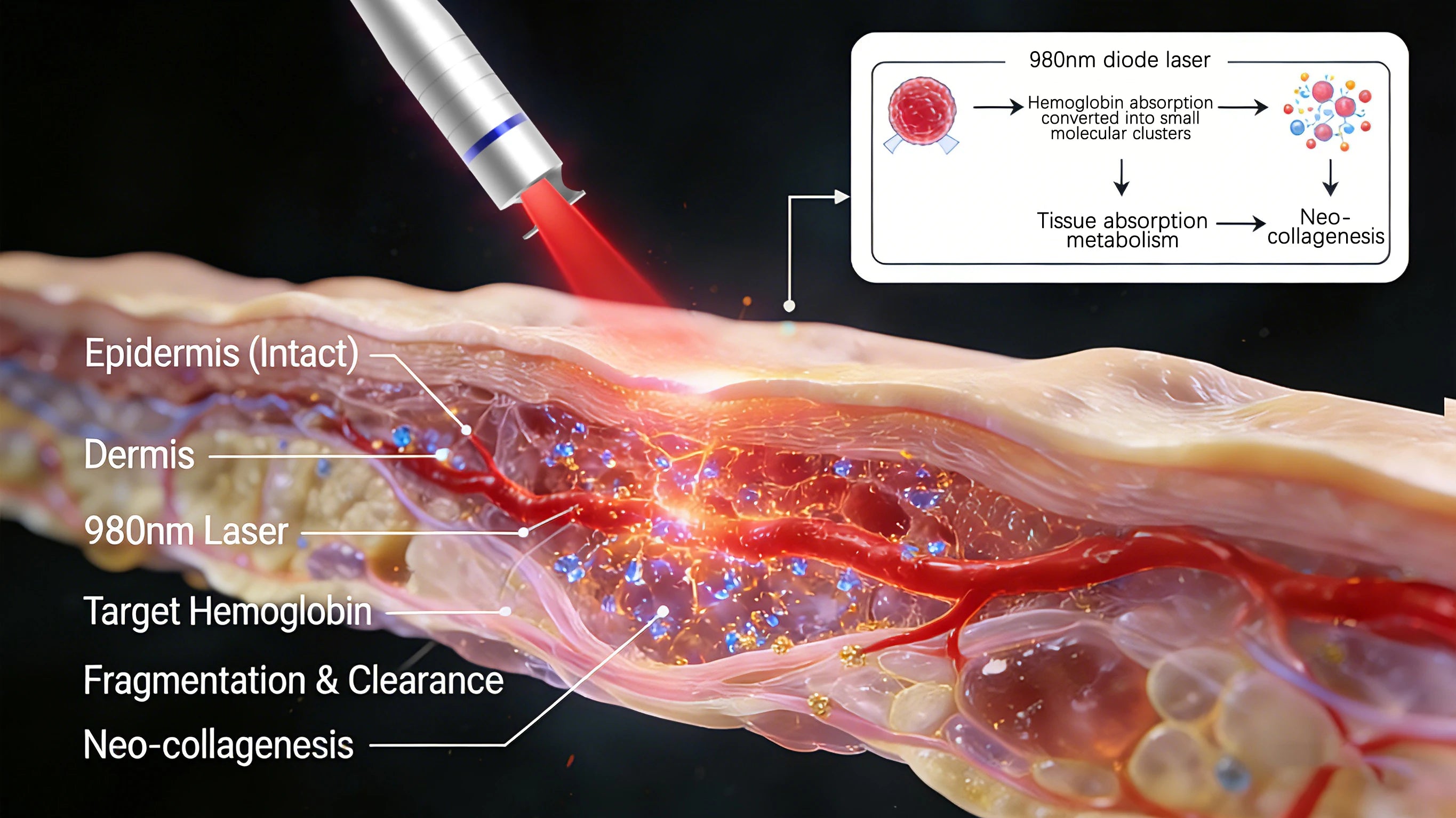 980nm diode laser device for painless spider vein removal and vascular therapy, showing skin absorption diagram.