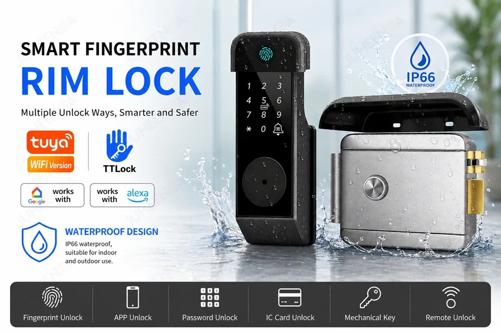 Waterproof Outdoor Smart Door Lock Tuya WiFi Fingerprint Password IC Card TTLock APP Alexa Google Home Entry Electronic Rim Lock