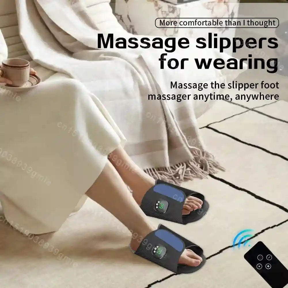 Black EMS electric foot massager slippers with digital display for muscle stimulation and relaxation at home.