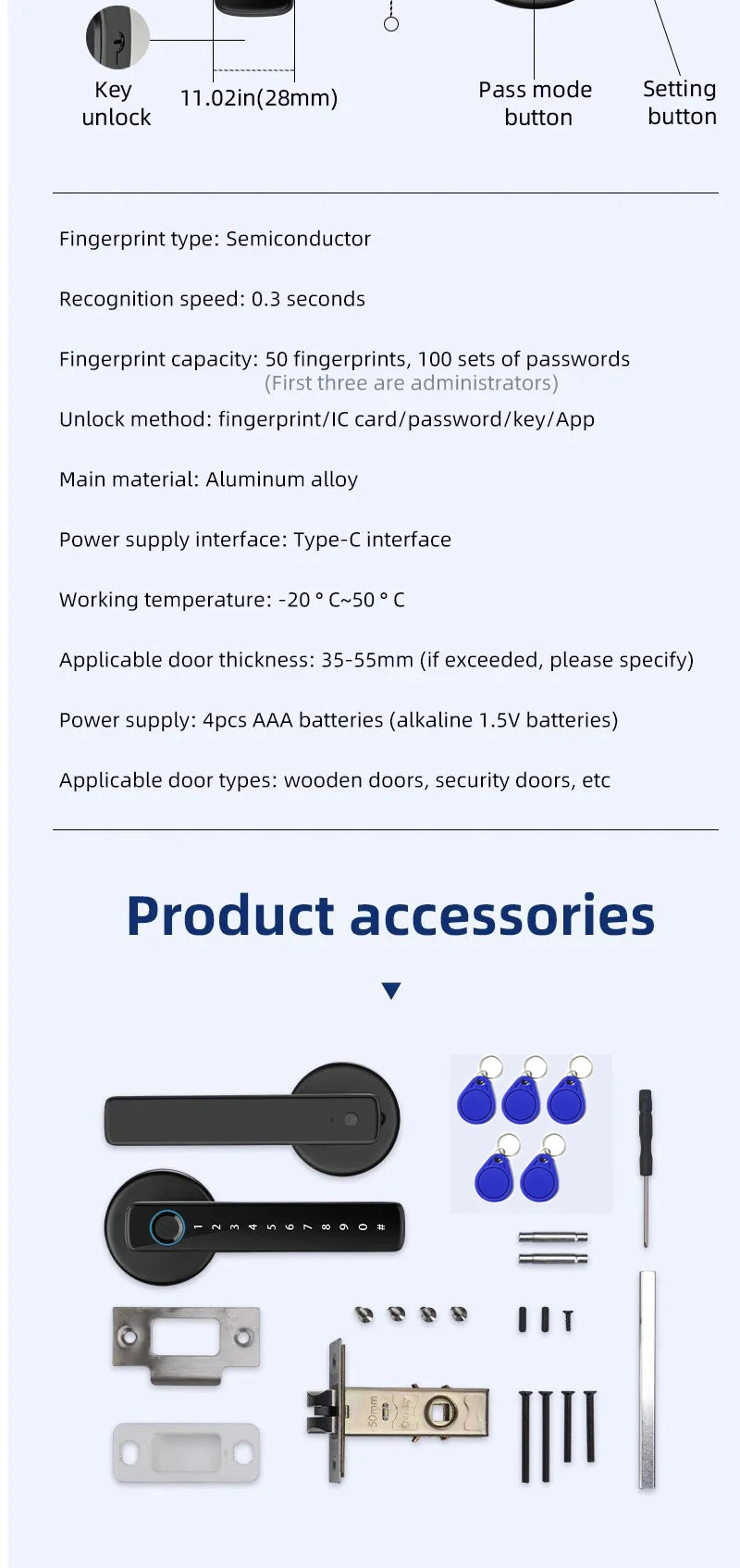 M5 Tuya BLE Fingerprint Door Lock Digital Electronic Lock with Password/Key/IC Card/ Smartlife/ Tuya APP Unlock