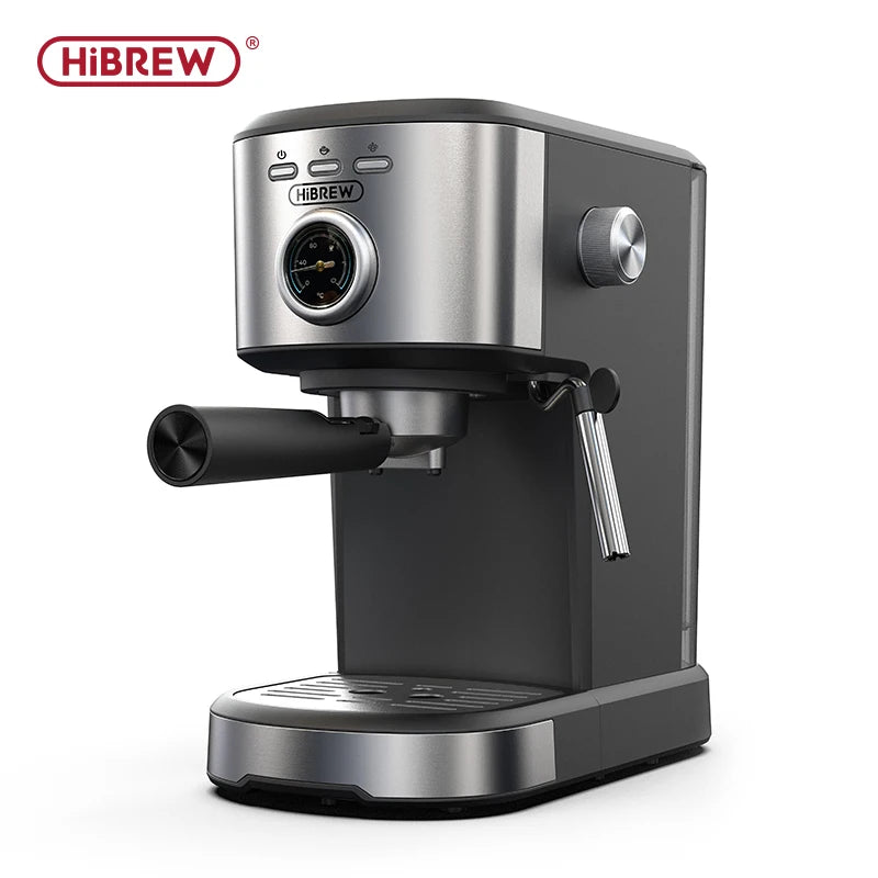 HiBREW espresso coffee machine in matte black and silver stainless steel with pressure gauge and steam wand.