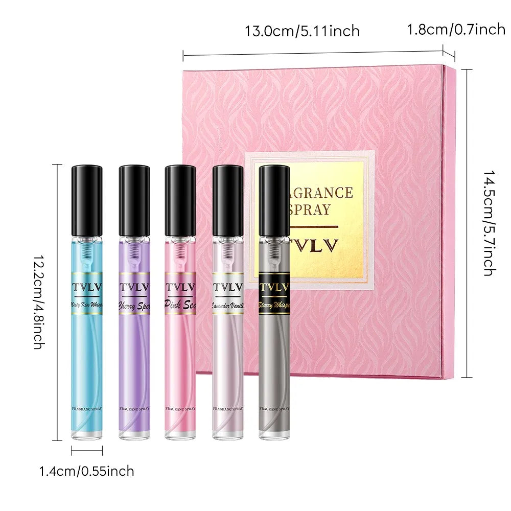 TVLV Brazilian fragrance body spray set in slim glass atomizers featuring fresh, floral, and fruity travel scents.