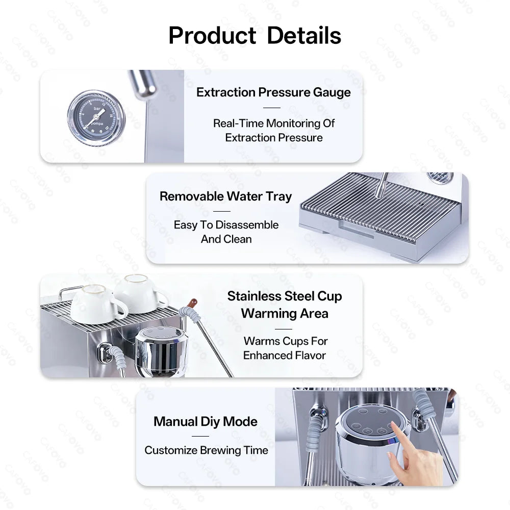 Cafoyo stainless steel espresso machine features: pressure gauge, removable drip tray, cup warmer, and manual controls.
