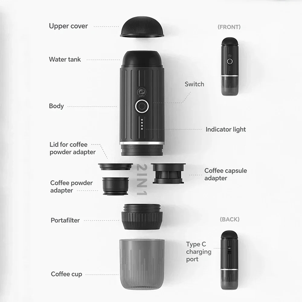 Portable 2-in-1 black espresso maker parts diagram showing capsule/powder adapters, cup, and USB-C charging port.