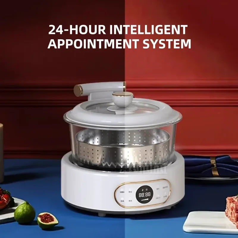 White multi-cooker with clear lid, perforated stainless basket, and front digital display