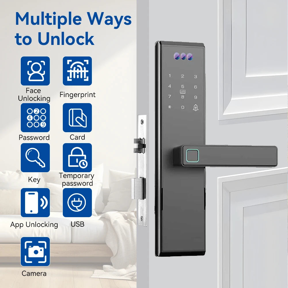 Tuya WiFi Smart Door Lock 3D Face Fingerprint Unlock Camera Memory Card Cloud Storage Aluminum Wood Compatible SDK Enabled