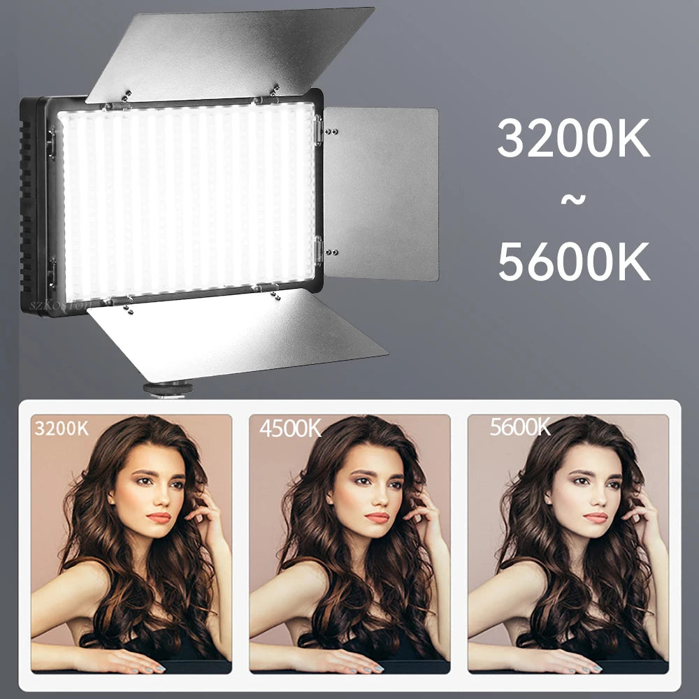 Rectangular LED video light with adjustable silver barn doors for studio photography and variable color temperature.