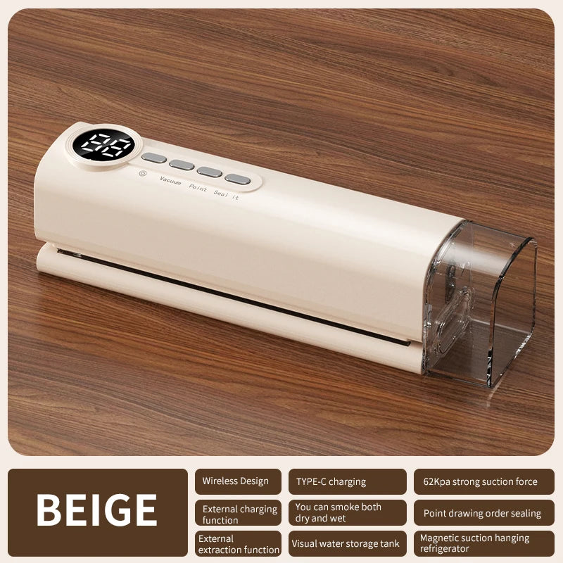 Beige portable vacuum sealer machine with round vent and clear heat sealing chamber.